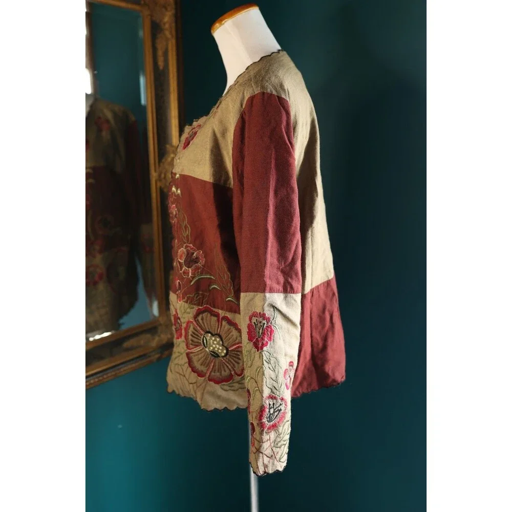 Vintage Liz Baker Metallic Floral Embroidered Lightweight Open Blazer Artsy L